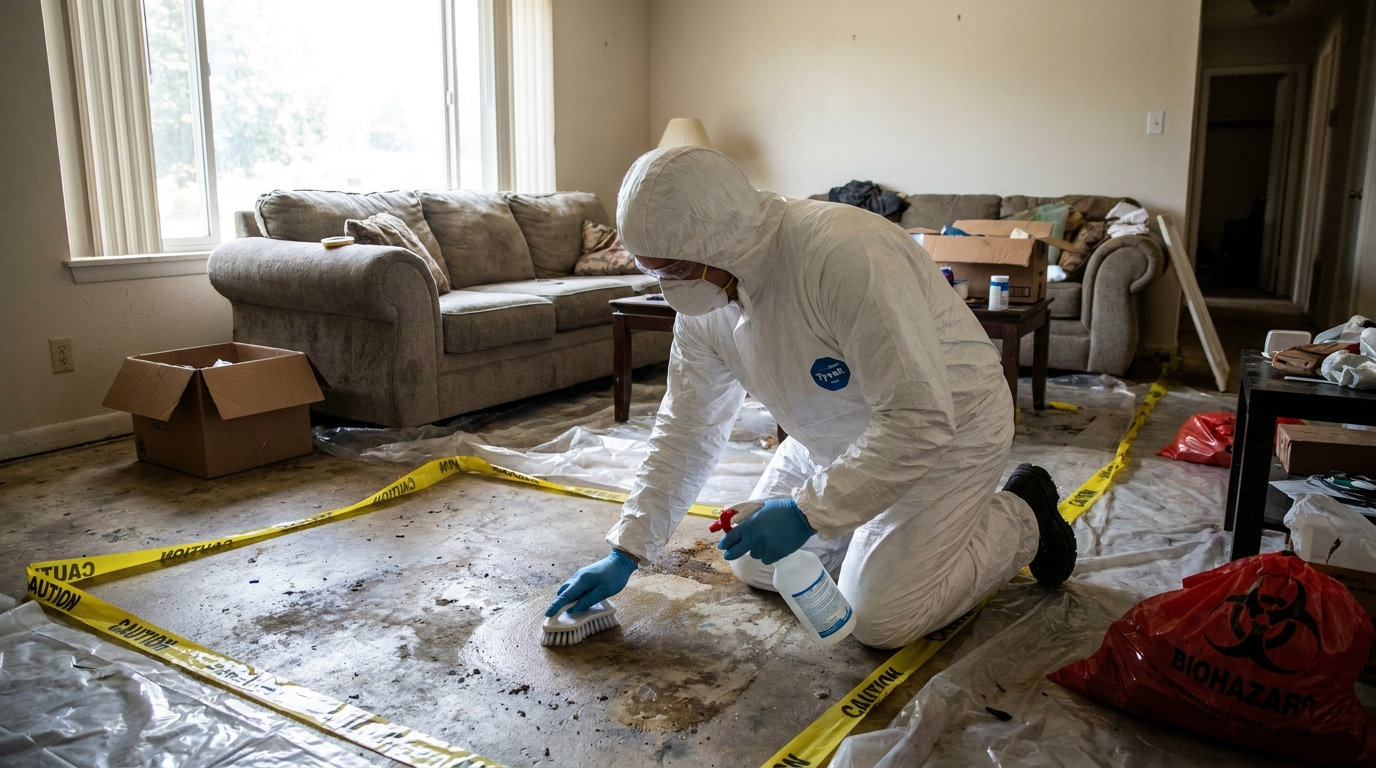 Trueclean biohazard cleanup technician working at a Cedar Park property