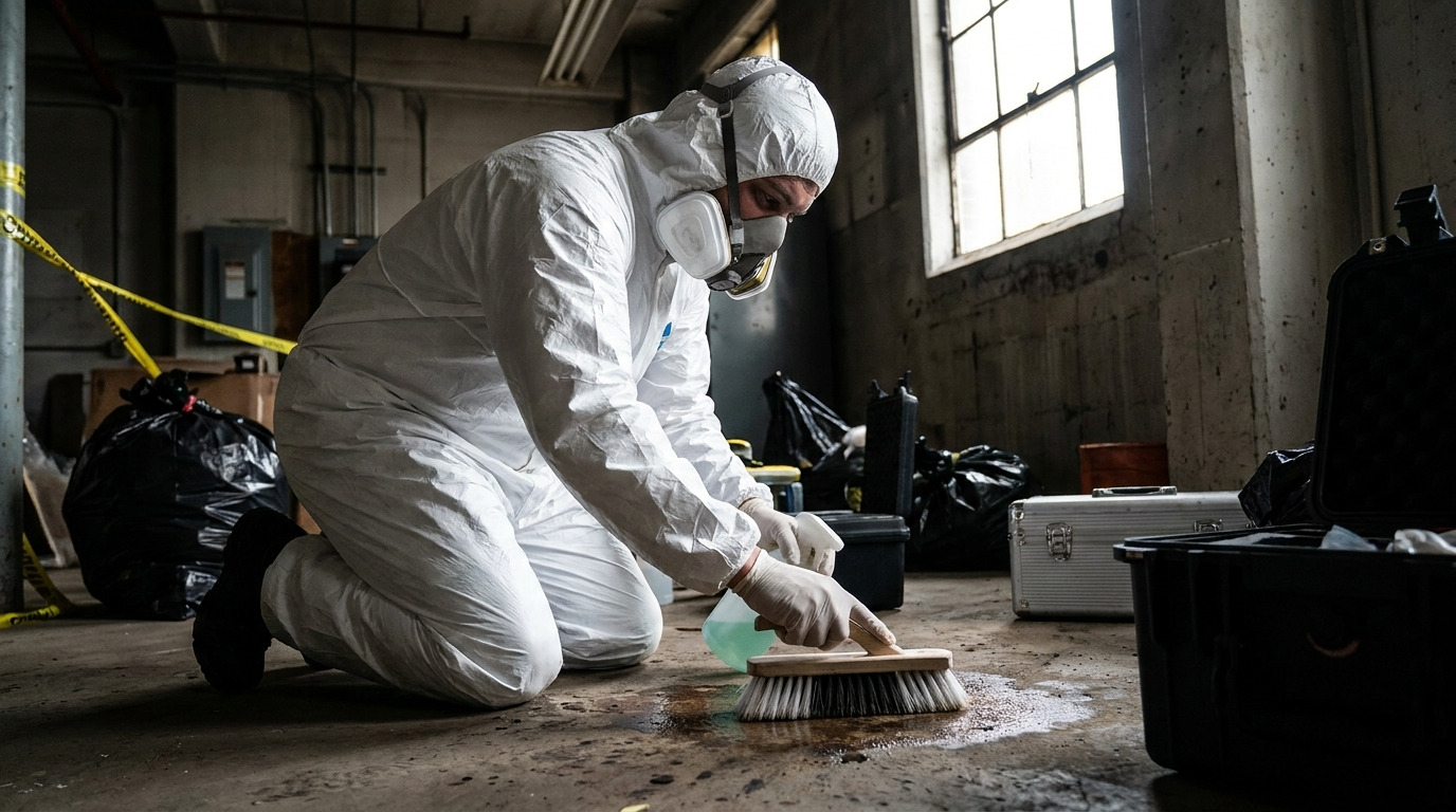 Certified technician performing professional crime scene cleanup in a Leander TX property