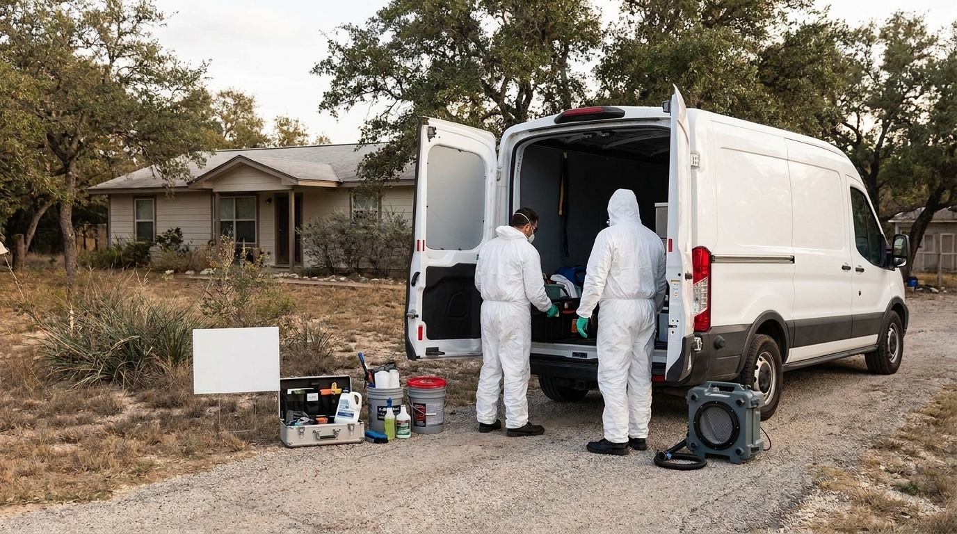 Professional hoarding cleanup technicians working in Kyle, TX